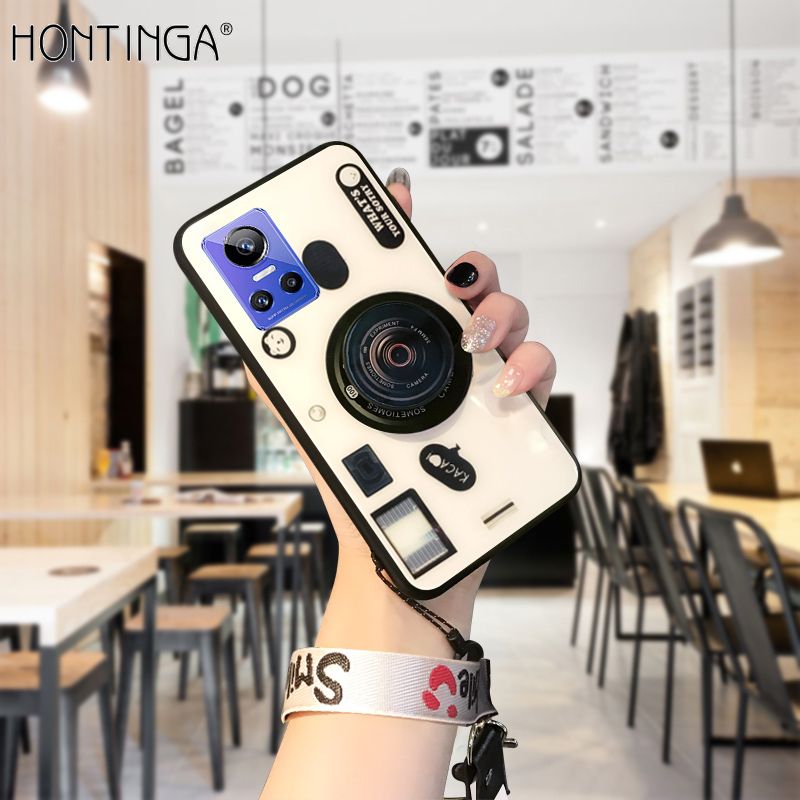 Hontinga Casing Case For Realme GT Neo3 Neo 3 5G Case 3D Camera Lens Case Strap Lanyard Stand Holder Smooth Tempered Glass Back Cover Casing Hard Case For Girls For Women