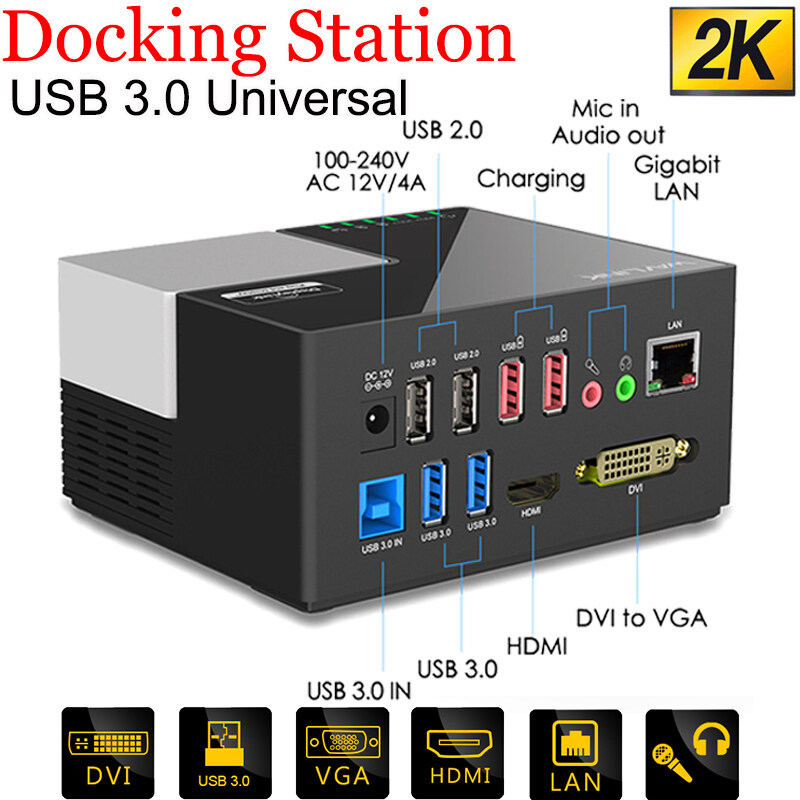 Wavlink Universal USB 3.0 Dual Video Docking Station with DVI / HDMI (up to 2048 × 1152),dual video display,USB3.0 universal laptop docking station, USB Hub, Quick Charging, Gigabit Ethernet, Audio, M