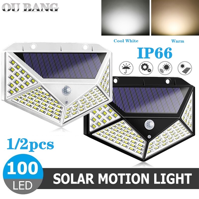 OU BANG 2/1pcs 100 LED Solar IP66 Waterproof Light Outdoor Cool White or Warm White Solar Light Motion Sensor Night Security Wall Light Energy Saving Garden Gate Courtyard
