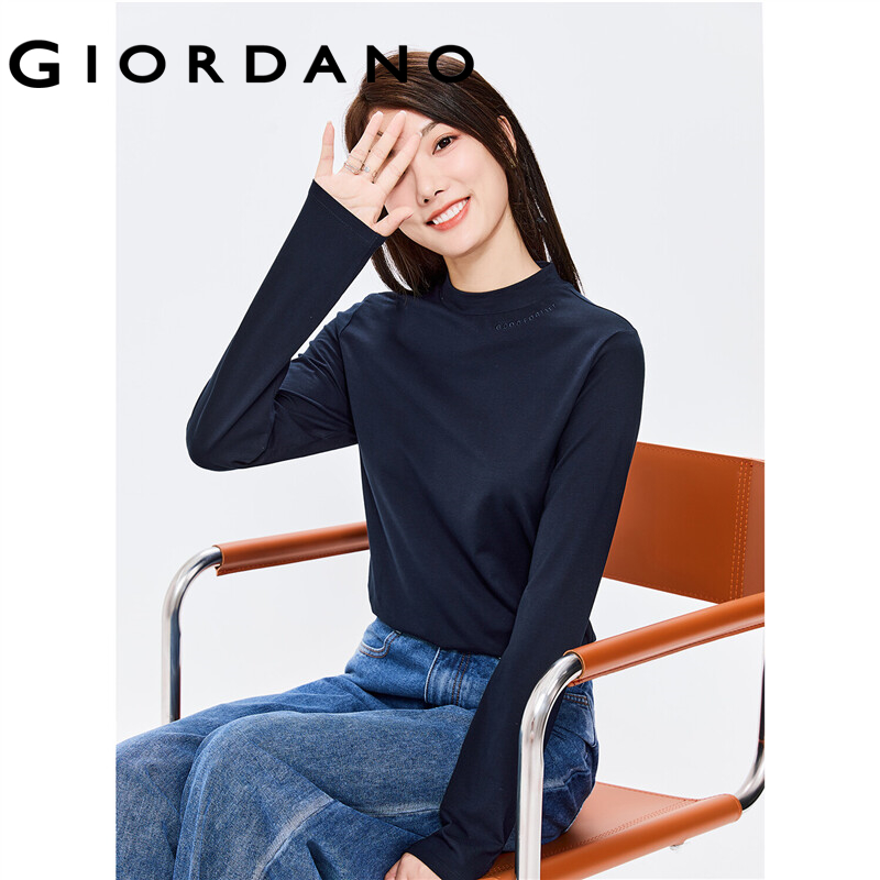 GIORDANO Women T-Shirts Letter Embroidered Stretchy T-Shirts Mockneck Long Sleeve Plain Color Simple Basic Casual Tee 13322564