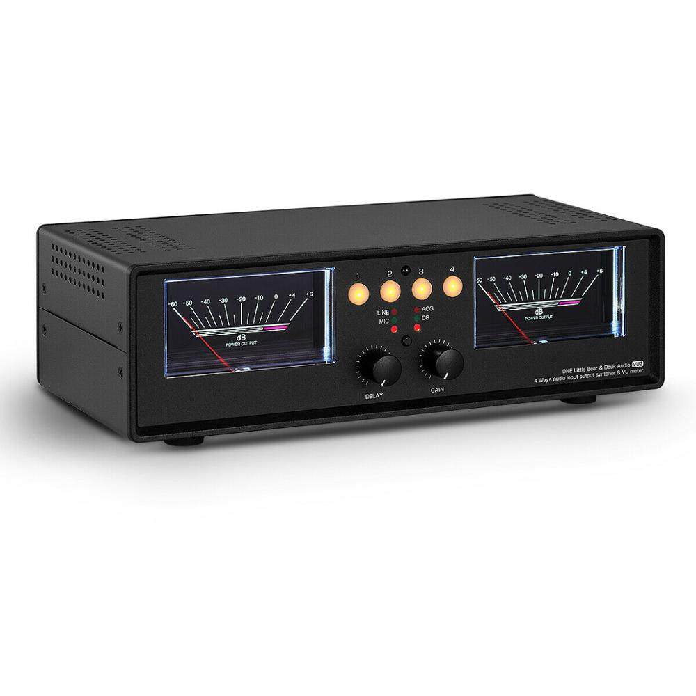 Douk Audio 4-Way MIC+LINE Dual Analog VU Meter DB Panel Sound Level Meter Audio Splitter Switcher Box Music Spectrum Analyzer