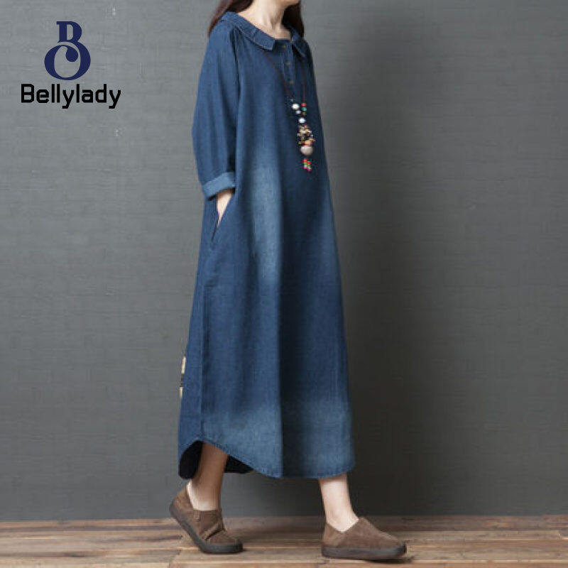 Women Denim Shirt Dress Fashion Lapel Long Sleeves A-line Skirt Loose Large Size Midi Skirt