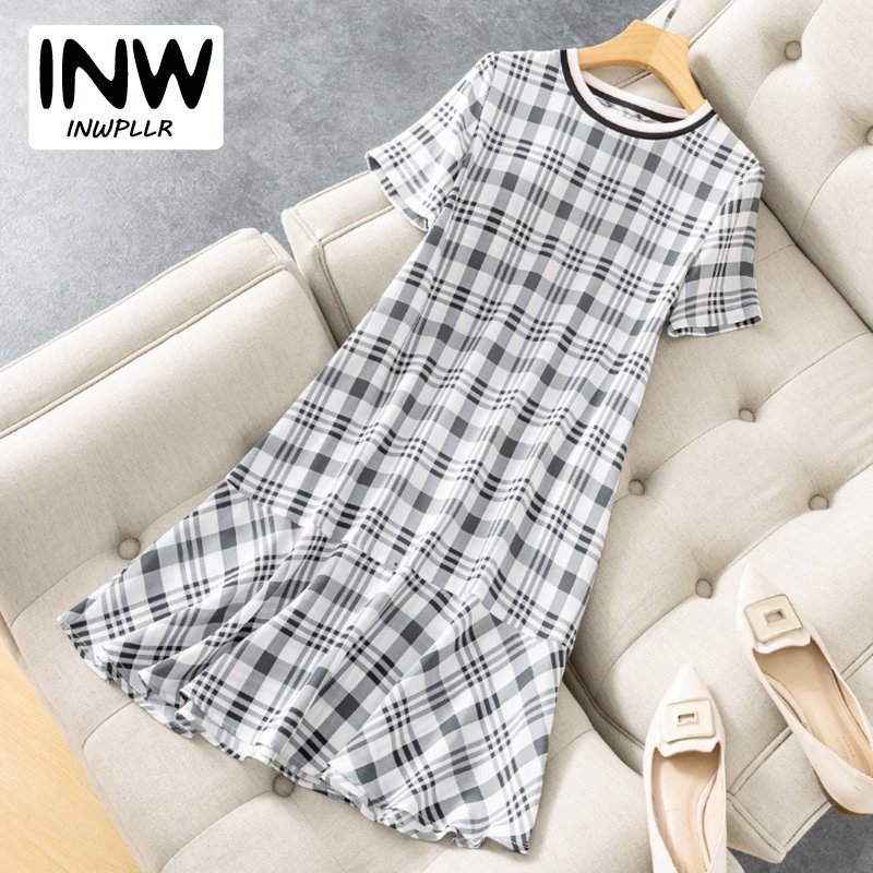 INWPLLR New Summer Dresses Women's Fashion Plaid Dress Temperament 4 Type Print Short Sleeve Female Dresses