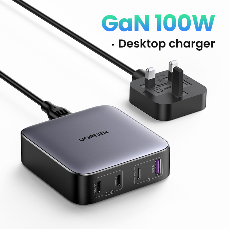 UGREEN GaN 4-Port PD 100W 3*Type C 1*USB A Desktop Smart Fast Charger Type-C Simultaneous Power Supply Multiple Ports for MacBook Pro/Air, iPhone 14 13 Pro Max iPhone 14 Plus/12 11, iPad Pro/Mini, Hua