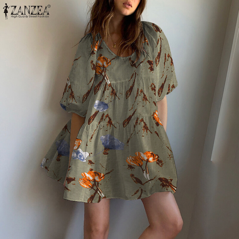 ZANZEA Women Floral Puff Sleeve Sundress Vintage Retro Print Bohemian Mini Dress