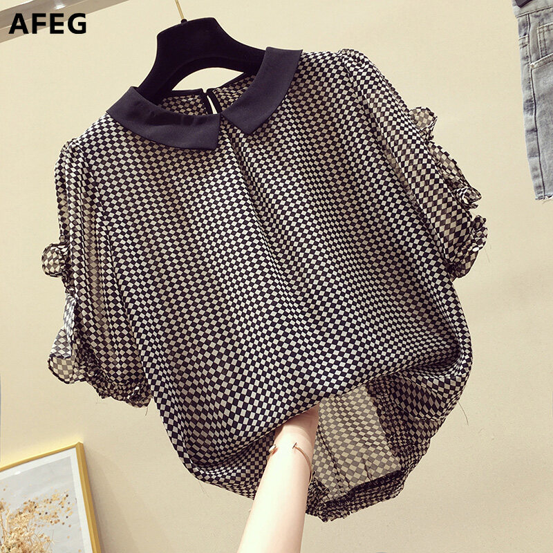 AFEG new Korean style women's short-sleeved floral blouse for women