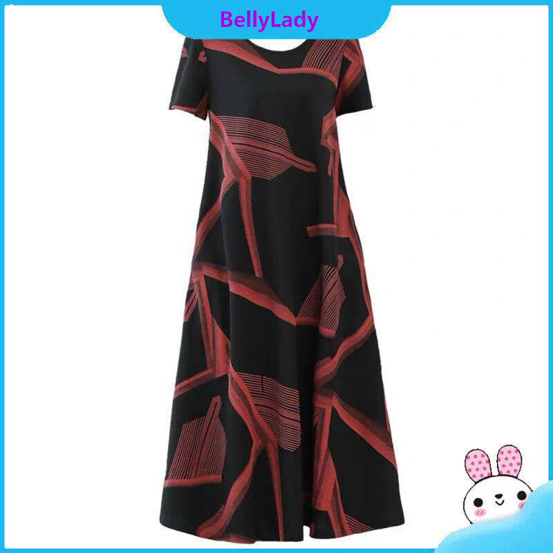 Women Skirt Crew-neck Short-sleeved Abstract Printing Loose Casual A-shaped Midi Dress