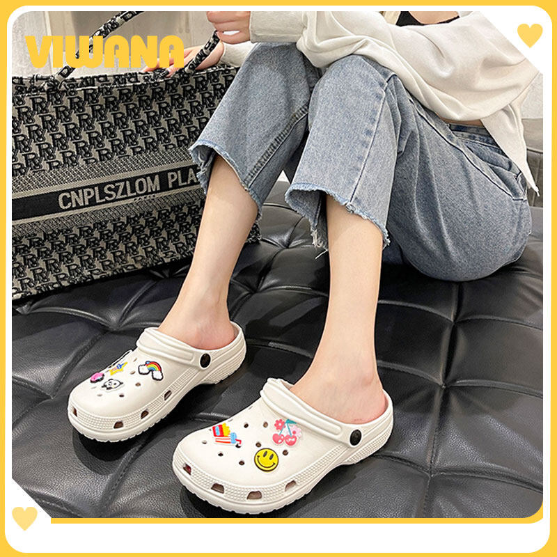 VIWANA Unisex Sandals For Women Men Plus Size 44 Summer Beach Slippers Korean Style Black White Slip On Clogs Women Croc Shoes For Women On Sale
