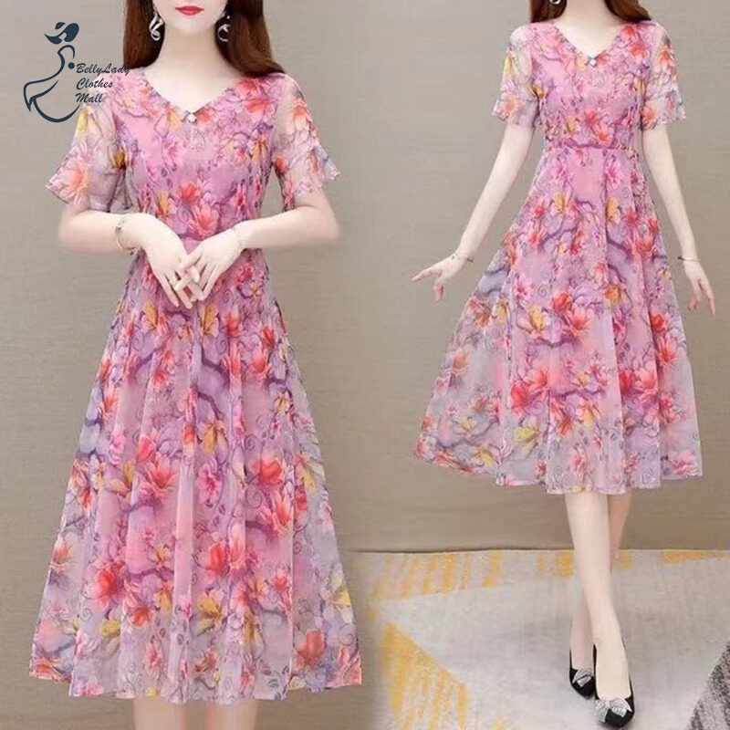 Women Sweet Floral Printing A-line Skirt Summer Milk Silk Large Size Short Sleeves V Neck Dress
