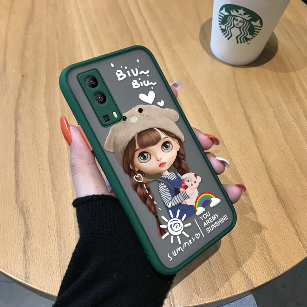 Hontinga Casing Case For VIVO Y72 5G Case Cute Rainbow Girls Lovely Girl Frosted Transparent Hard Anime Phone Case Full Back Cover Casing Lens Camera Protector Cases Hard Case For Girls For Women